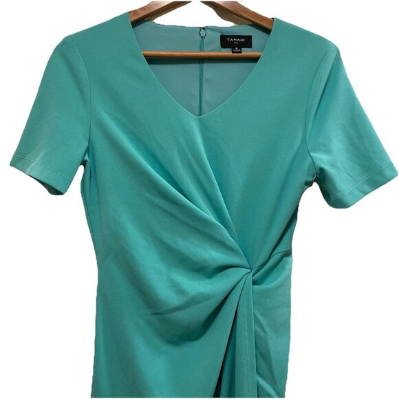 TAHARI ASL Seafoam Knot Waist Vneck Short Sleeve Career Sheath Dress Sz 4 - Picture 3 of 7